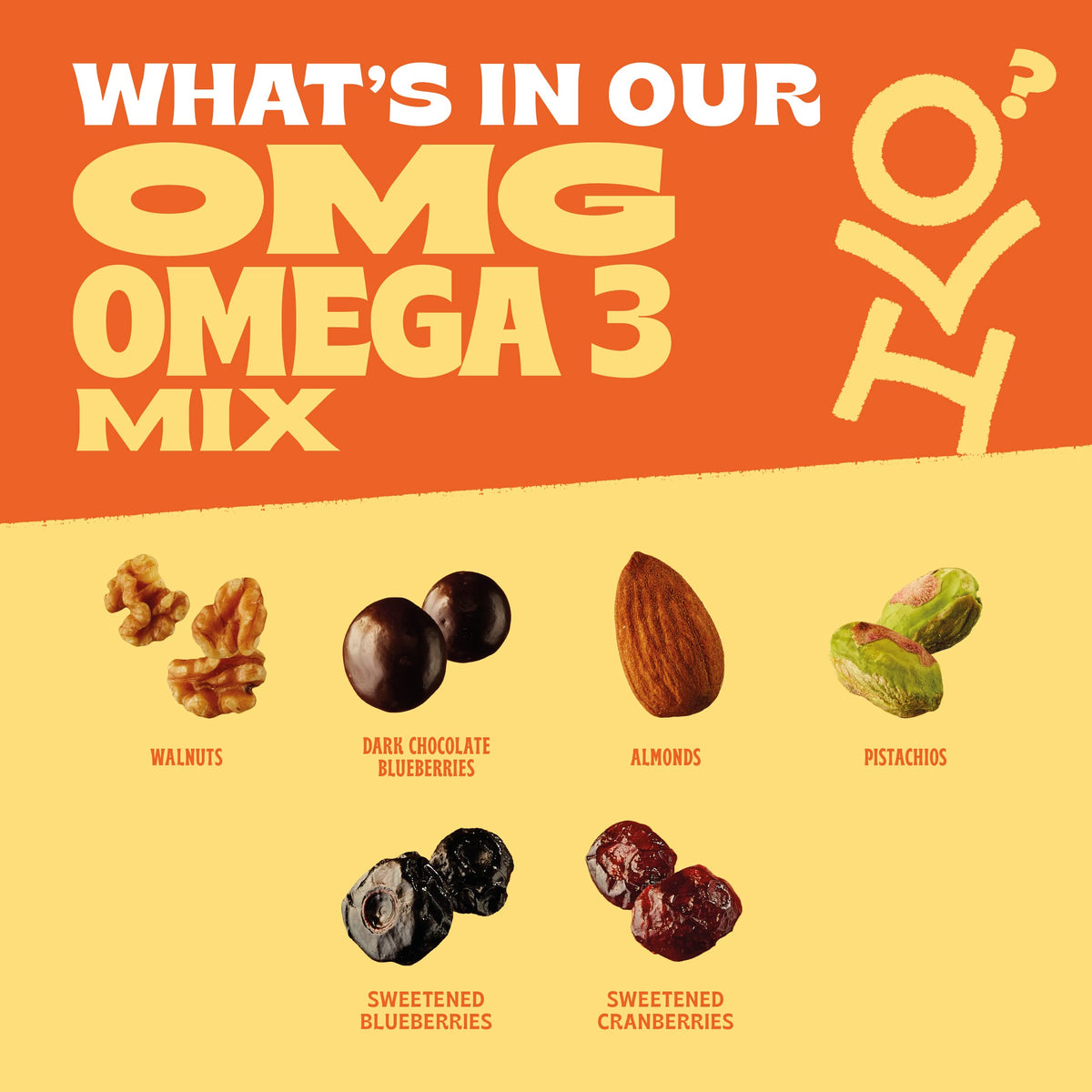 Orchard Valley Harvest OMG Omega-3 Mix stand-up bag on shelf, convenient for travel.