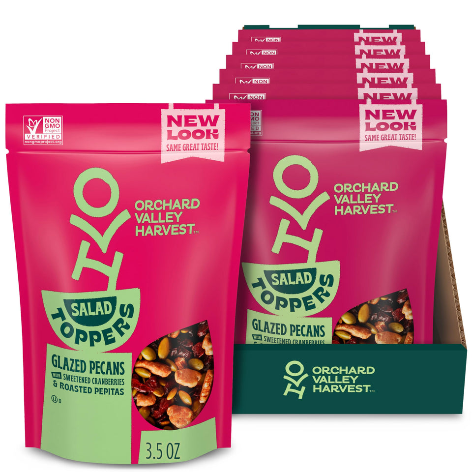 Orchard Valley Harvest Salad Toppers on salad add crunch with pecans, cranberries, and pepitas.
