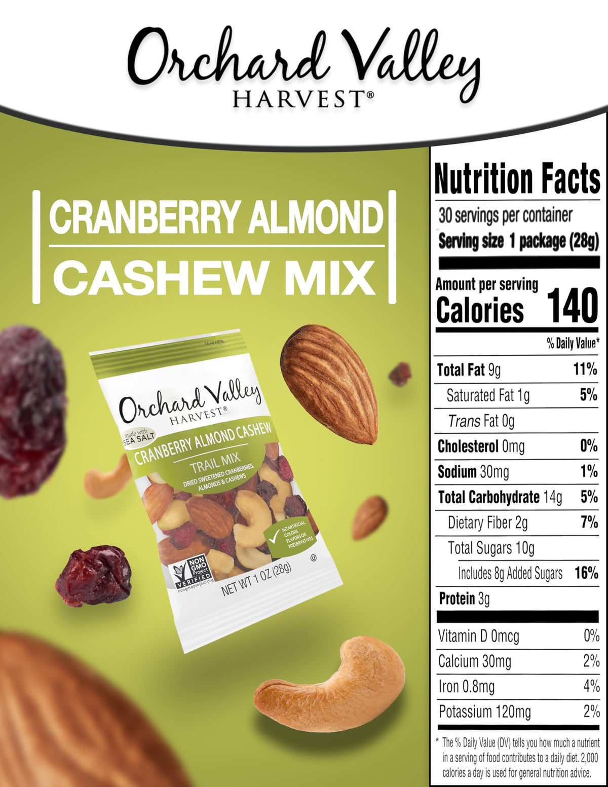 Orchard Valley Harvest trail mix with cranberries, highlighting fruity tang and chewy texture for a quick boost.