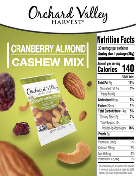 Orchard Valley Harvest trail mix with cranberries, highlighting fruity tang and chewy texture for a quick boost.