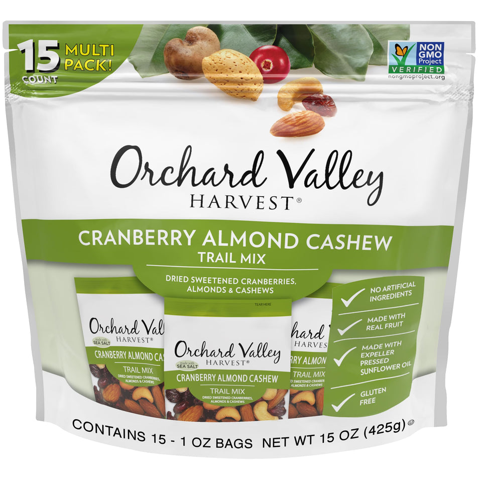 Orchard Valley Harvest trail mix single-serve packs for convenient, on-the-go snacks.