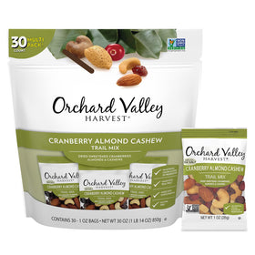 Orchard Valley Harvest trail mix packaging with 30 single-serve 1oz packs for on-the-go snacking.