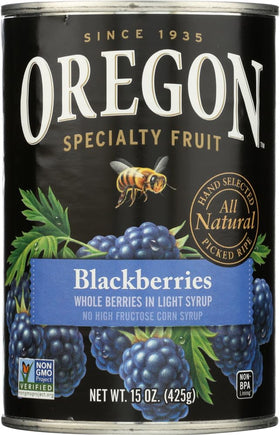 Oregon Blackberries in Light Syrup cans on a store shelf, ready to use