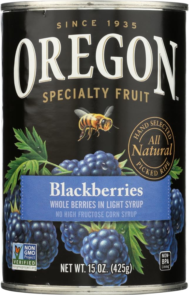 Oregon Blackberries in Light Syrup cans on a store shelf, ready to use