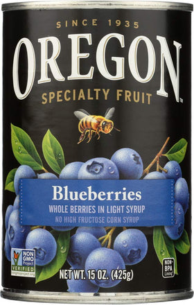 Oregon Blueberries in Light Syrup 4-pack front view, ideal for quick breakfasts.