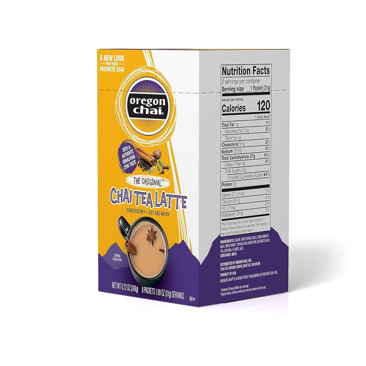 Oregon Chai dry chai latte mix shown hot with a steaming mug.