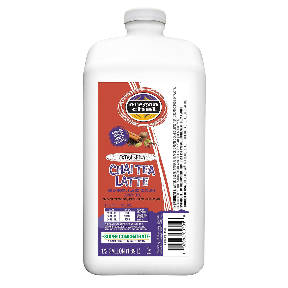 Oregon Chai Extra Spicy concentrate bottle front showcases the 64 oz jug for busy days