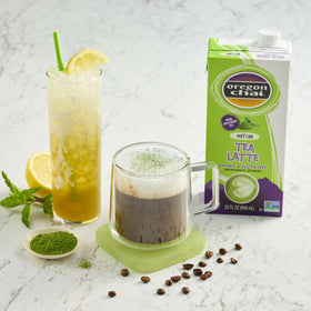 Iced Oregon Chai Matcha latte in a glass, refreshing and convenient.