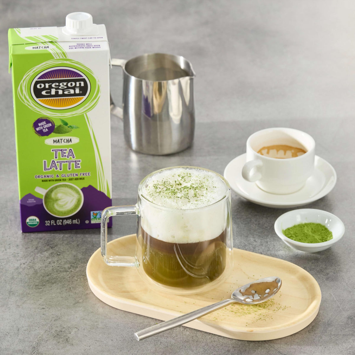 Steaming a mug of Oregon Chai Matcha latte for a warm cup.