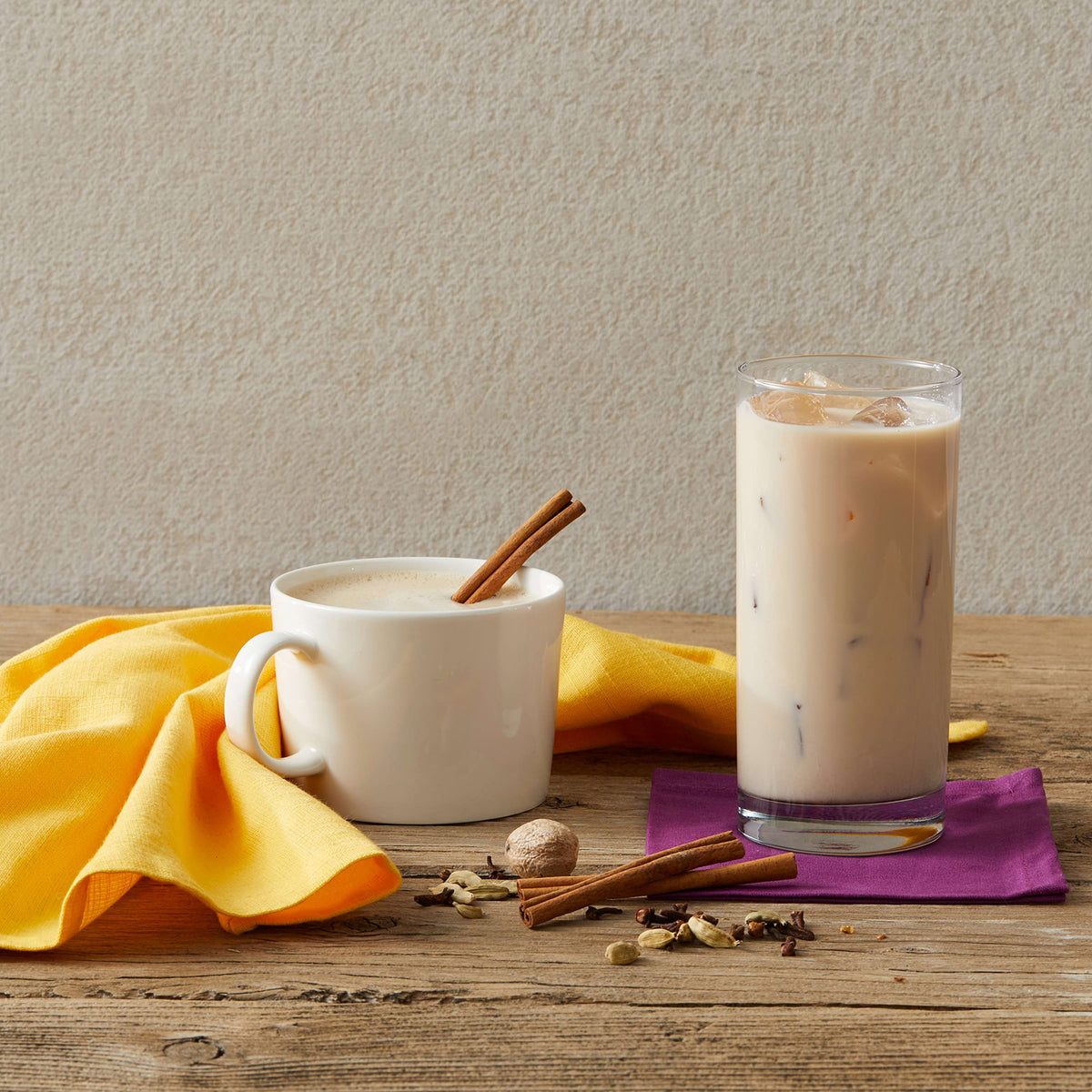 Iced chai latte using Oregon Chai Original concentrate in a tall glass.