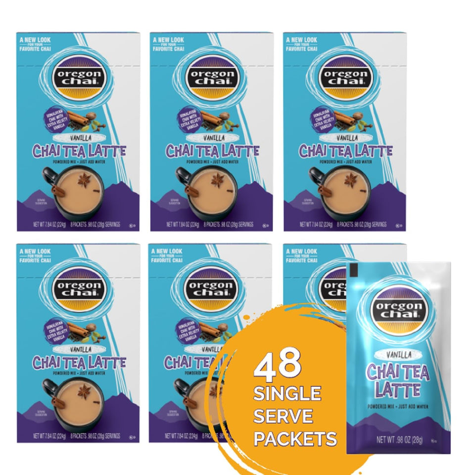 Oregon Chai Vanilla Dry Chai Latte Mix box with six convenient packs ready to brew.