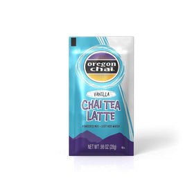 Close-up of Oregon Chai vanilla packets ready to brew.