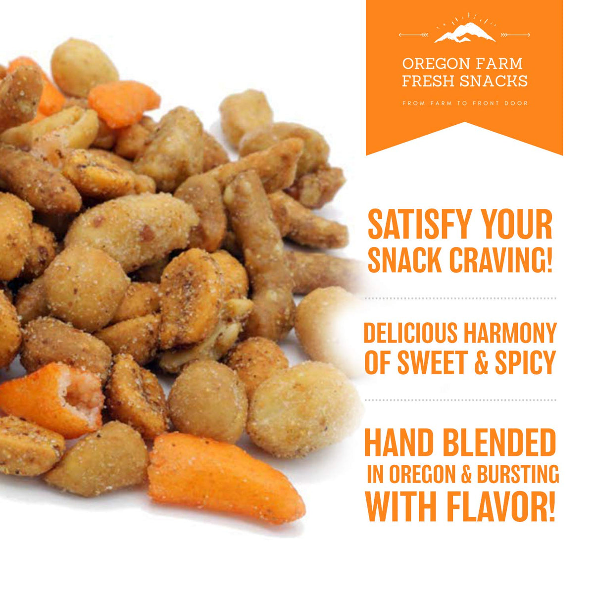 OREGON FARM FRESH SNACKS Blazing Trail peanuts closeup highlighting sweet and spicy notes.