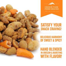 OREGON FARM FRESH SNACKS Blazing Trail peanuts closeup highlighting sweet and spicy notes.