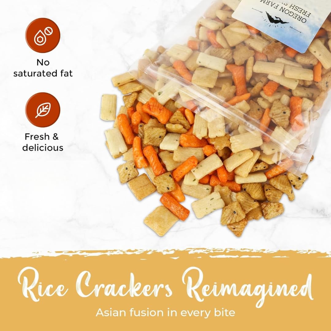 OREGON FARM FRESH SNACKS Japanese rice crackers closeup showing crispy texture