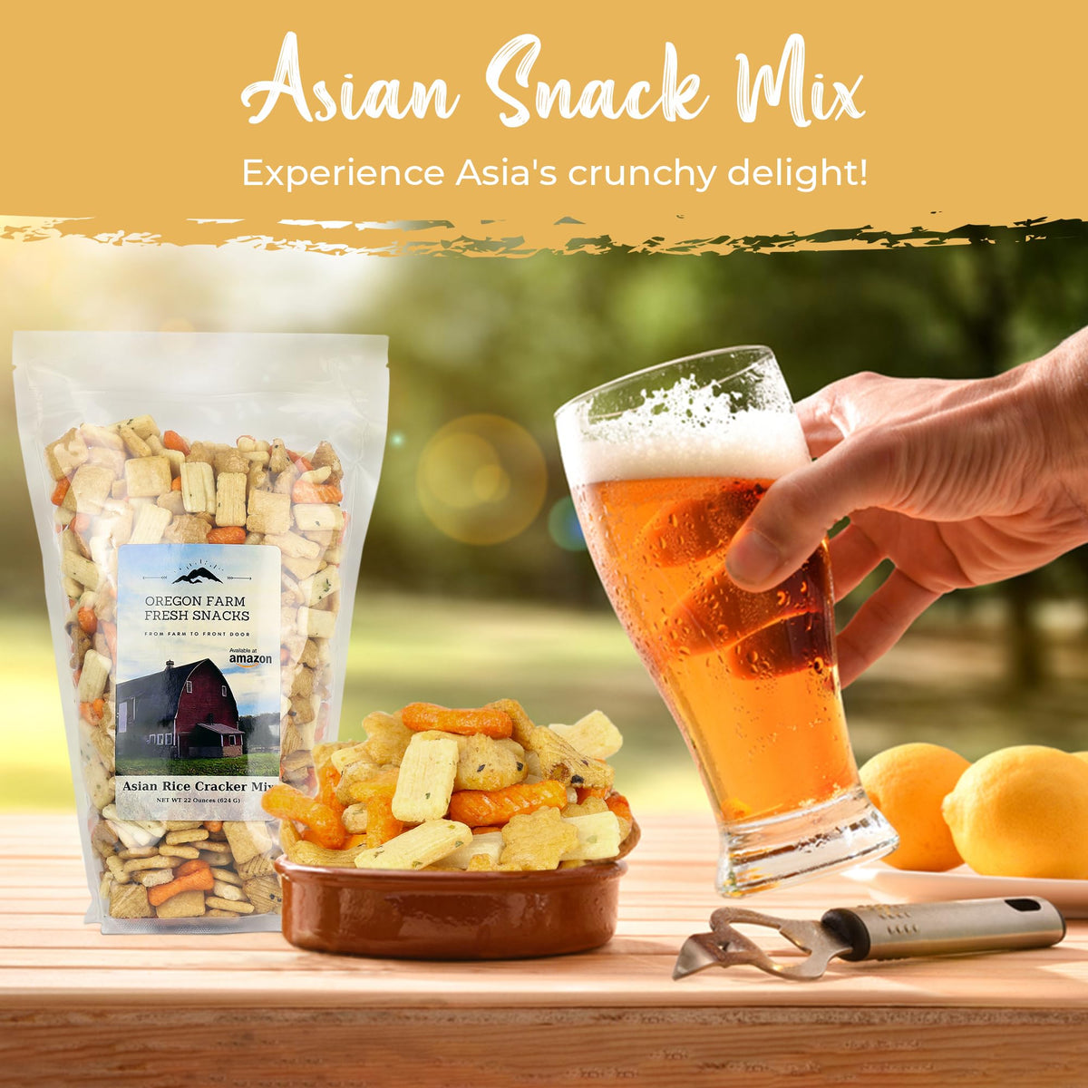OREGON FARM FRESH SNACKS soy-sesame flavor crackers displayed for serving