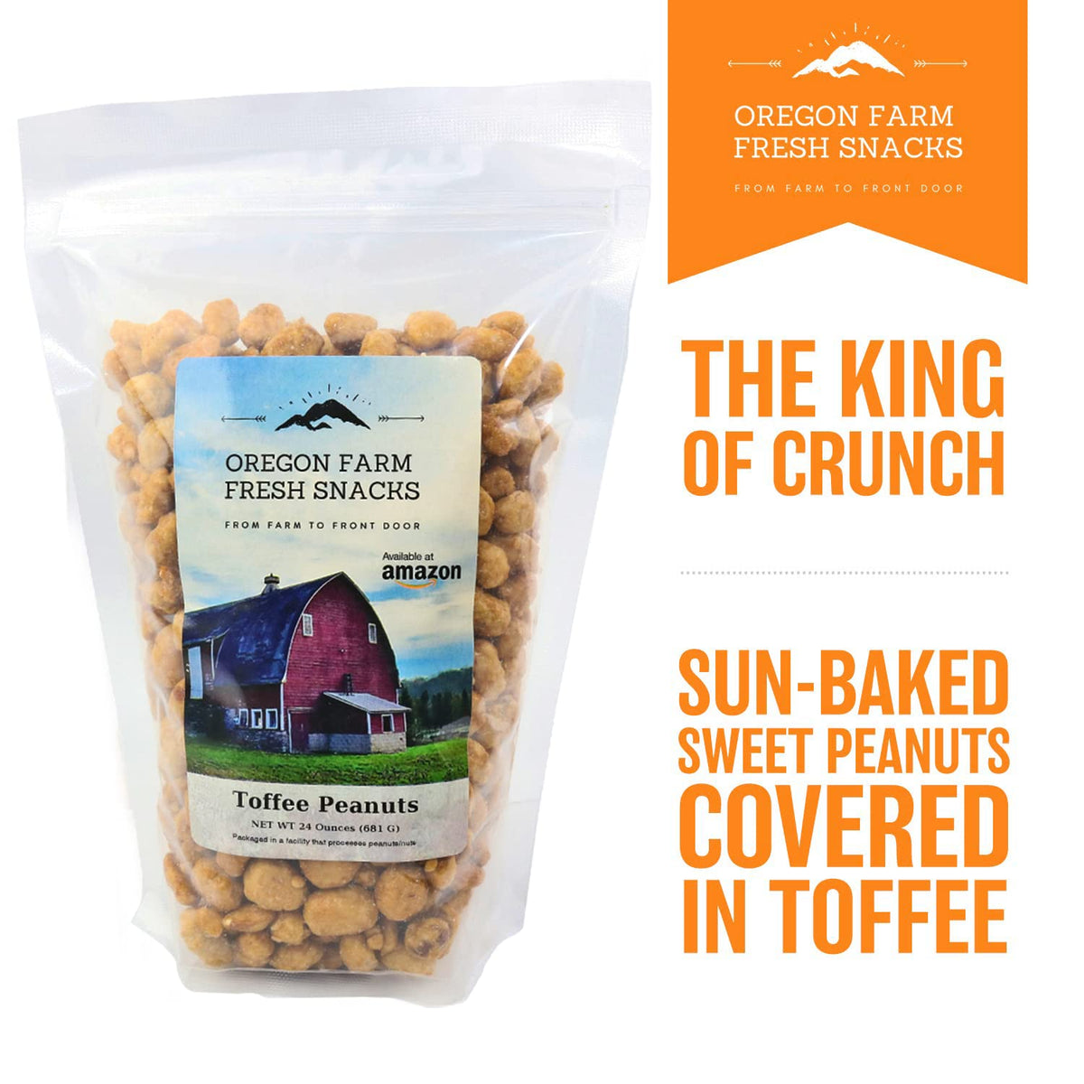 OREGON FARM FRESH SNACKS Toffee Peanuts bag open reveals glossy toffee and roasted peanuts