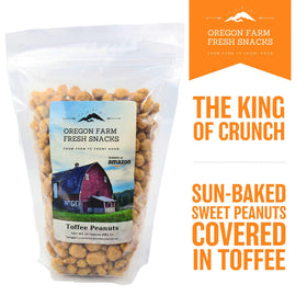 OREGON FARM FRESH SNACKS Toffee Peanuts bag open reveals glossy toffee and roasted peanuts