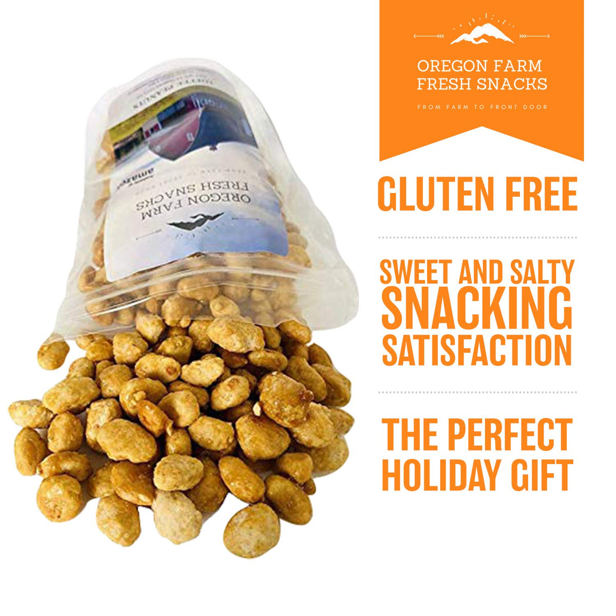 OREGON FARM FRESH SNACKS Toffee Peanuts served on a platter suggests party-ready snacking