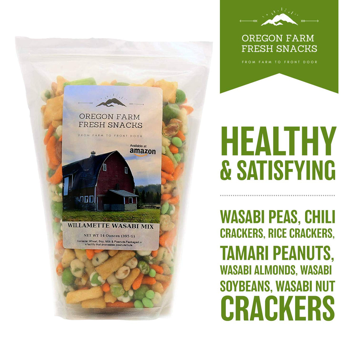 Oregon Farm Fresh Snacks Wasabi Peas Rice Crackers Mix close-up ingredients highlight real crunch
