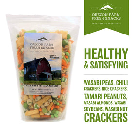 Oregon Farm Fresh Snacks Wasabi Peas Rice Crackers Mix close-up ingredients highlight real crunch