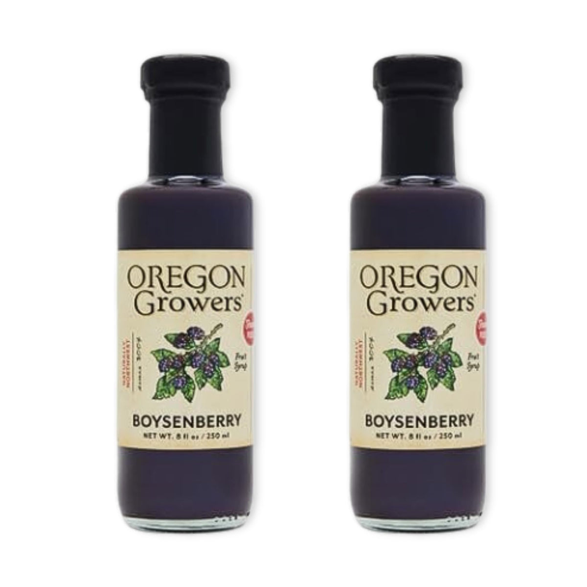 Oregon Growers Boysenberry Syrup bottle close-up for a berry-rich pancake drizzle.