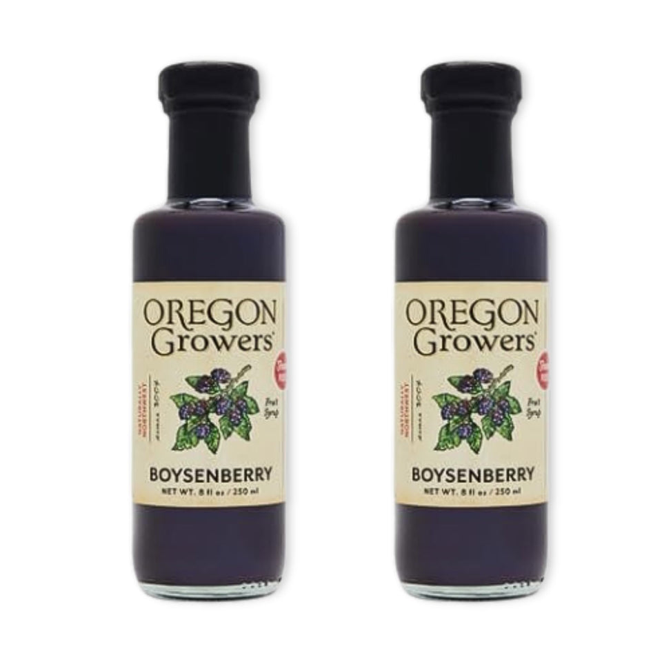 Oregon Growers Boysenberry Syrup bottle close-up for a berry-rich pancake drizzle.