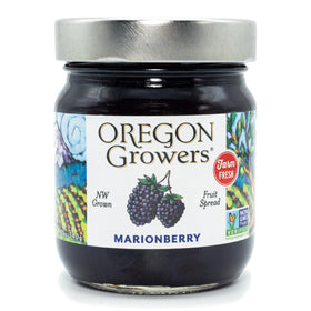 Oregon Growers Marionberry Fruit Spread jar with glossy texture, ideal for a fresh breakfast