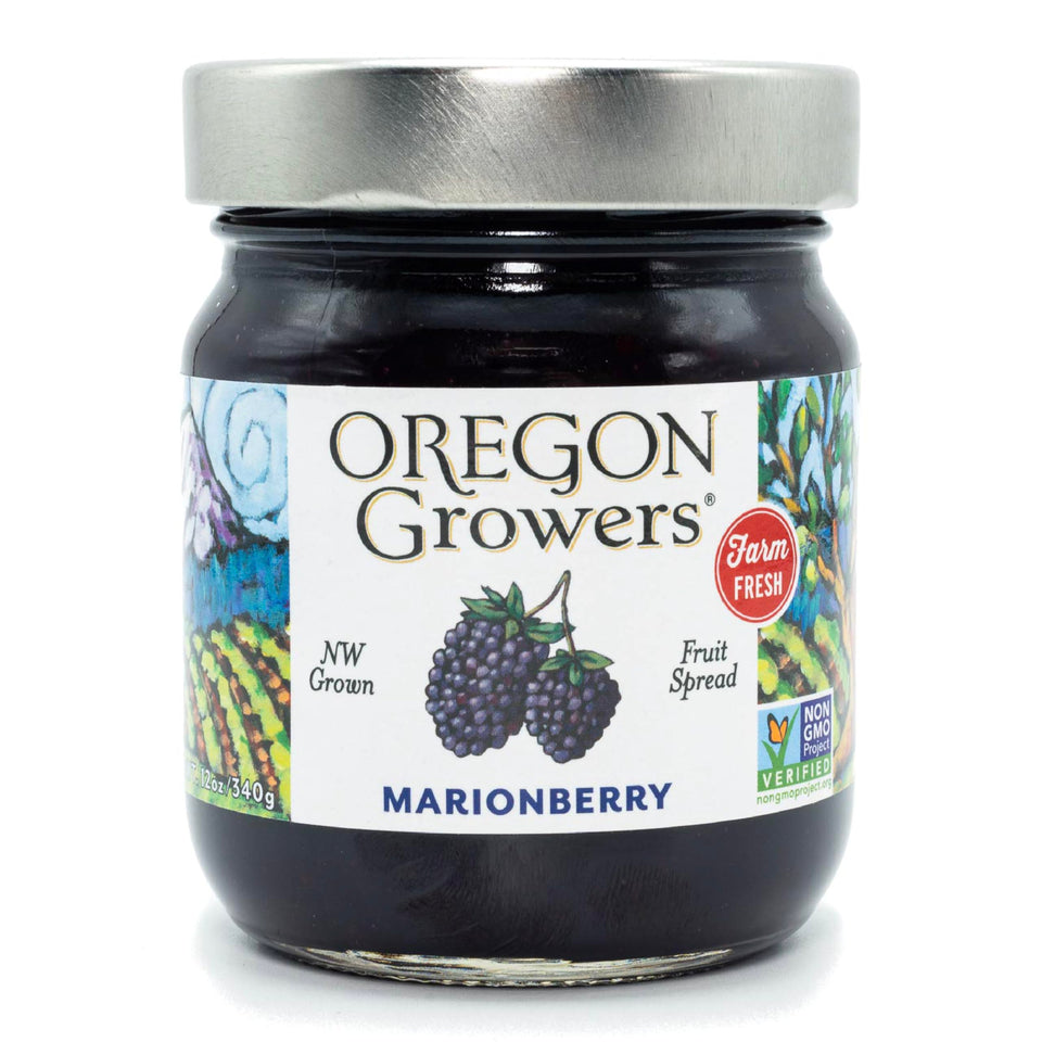 Oregon Growers Marionberry Fruit Spread jar with glossy texture, ideal for a fresh breakfast