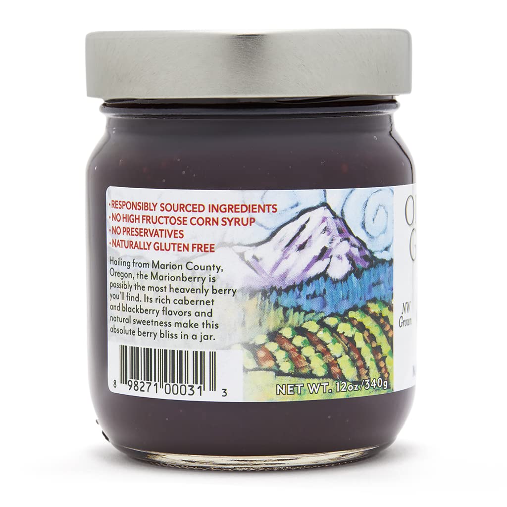 Oregon Growers Marionberry fruit spread label closeup, non-GMO verified quality