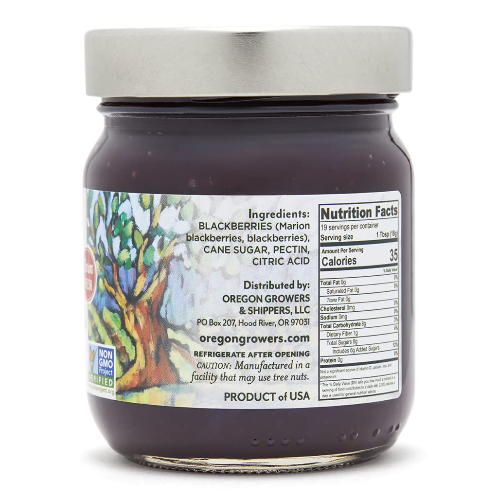 Oregon Growers Marionberry Fruit Spread label showcasing all-natural, local sourcing and non-GMO commitment