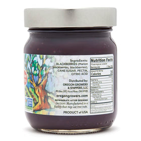 Oregon Growers Marionberry Fruit Spread label showcasing all-natural, local sourcing and non-GMO commitment