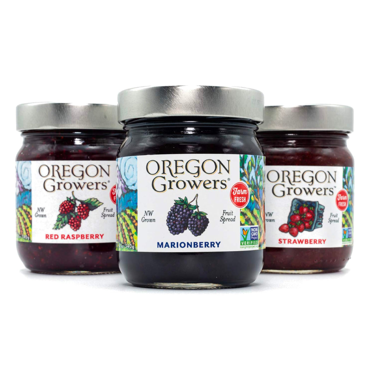 Oregon Growers Marionberry Jam jar close-up, bold flavor for toast.
