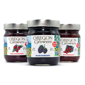 Oregon Growers Marionberry Jam jar close-up, bold flavor for toast.
