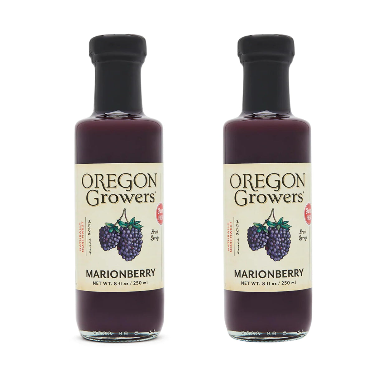 Oregon Growers Marionberry Syrup bottle pouring over pancakes for rich berry flavor