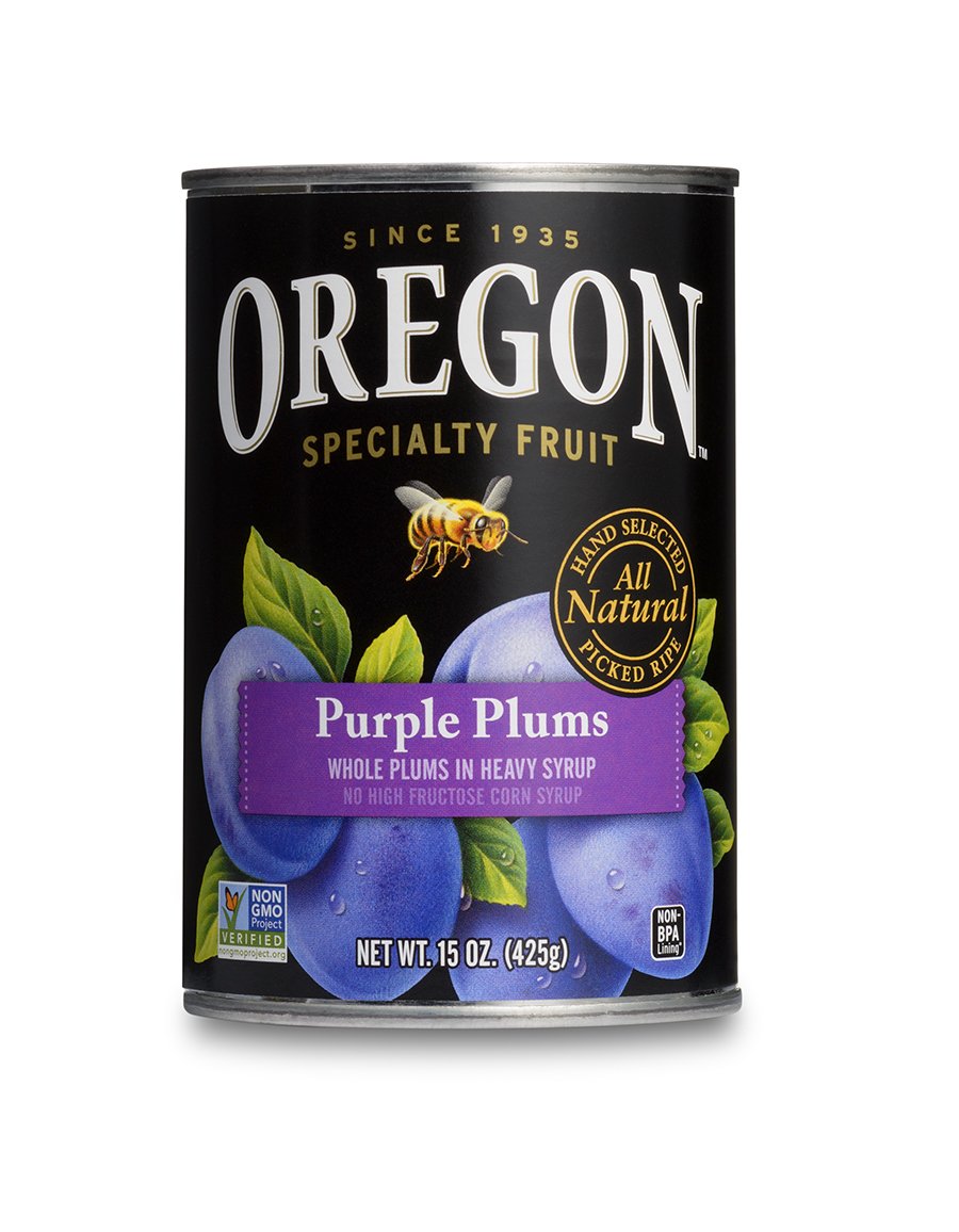 Oregon Purple Plums in heavy syrup cans offer convenient, ready-to-use fruit for desserts.