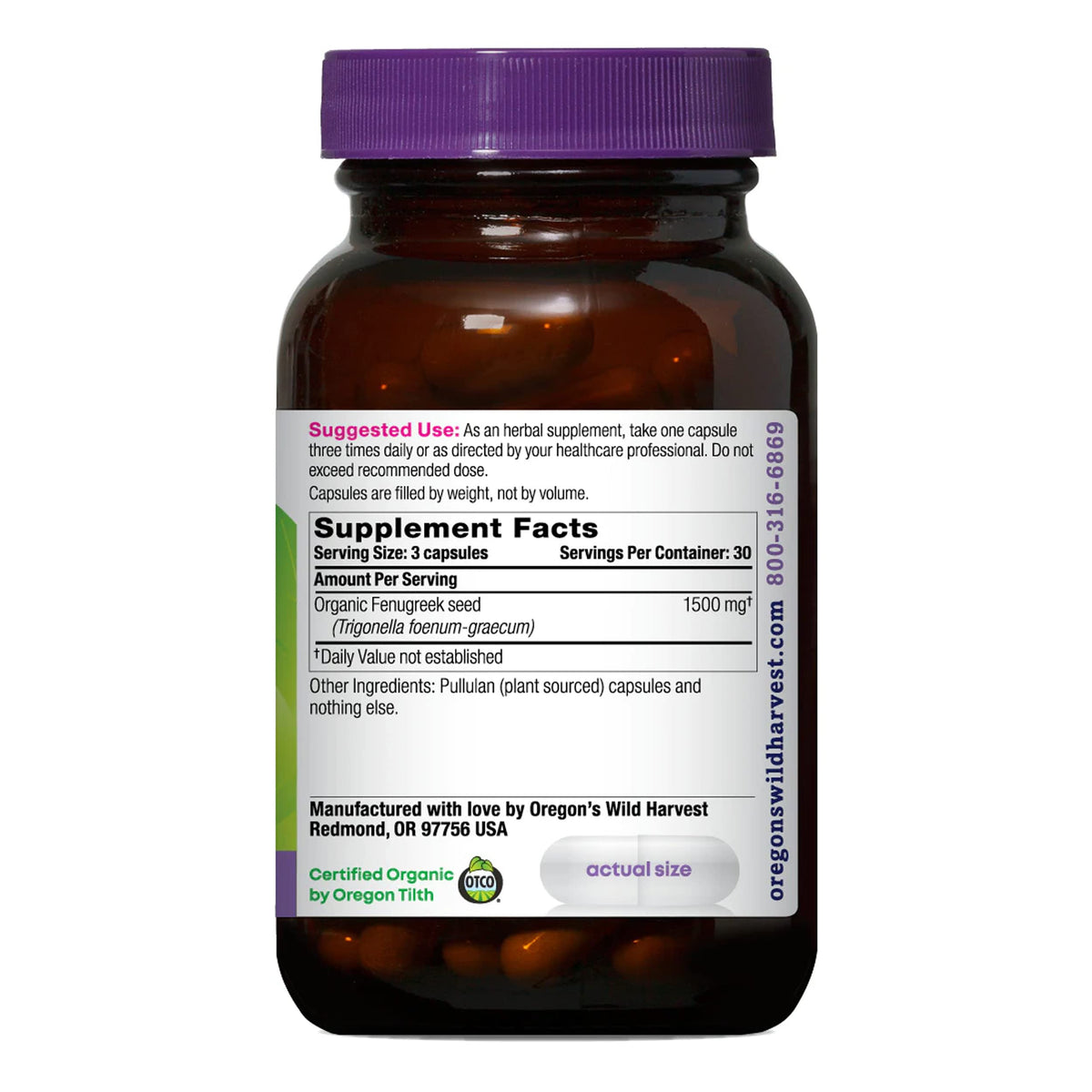 Oregon's Wild Harvest fenugreek bottle front view highlighting organic, gluten-free formulation