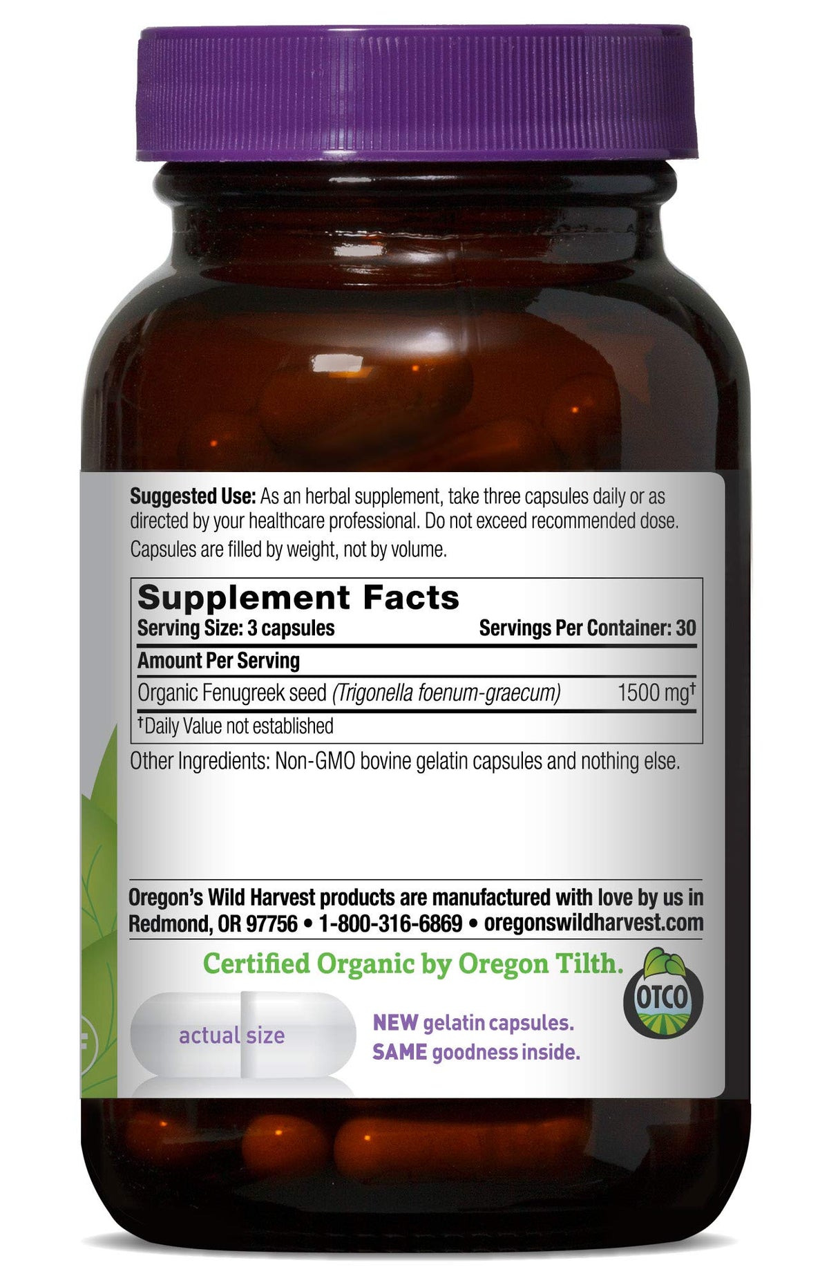 Oregon's Wild Harvest fenugreek vegan capsules arranged neatly for daily use