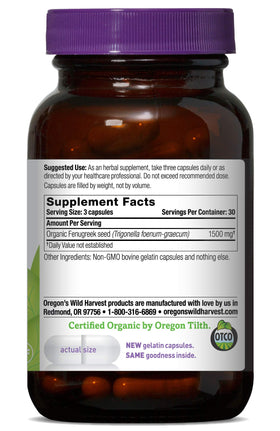 Oregon's Wild Harvest fenugreek vegan capsules arranged neatly for daily use