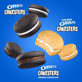 OREO Cakesters Double Chocolate Snack Cakes box rich chocolate creme between soft cakes.