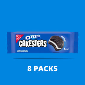 Two soft-baked chocolate cakes sandwiching creme from OREO Cakesters for rich flavor