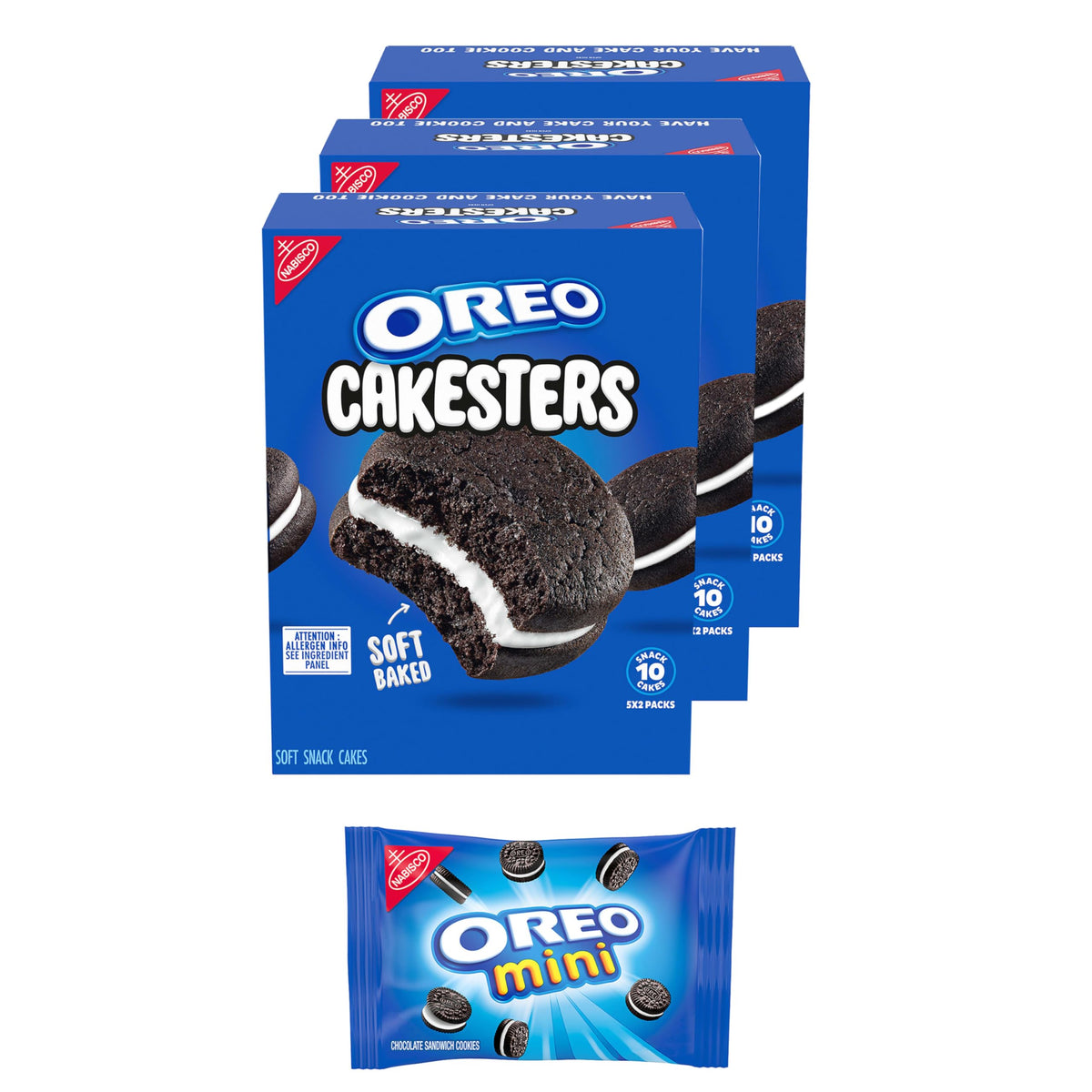 OREO Cakesters box front with two soft chocolate cakes for a quick treat.