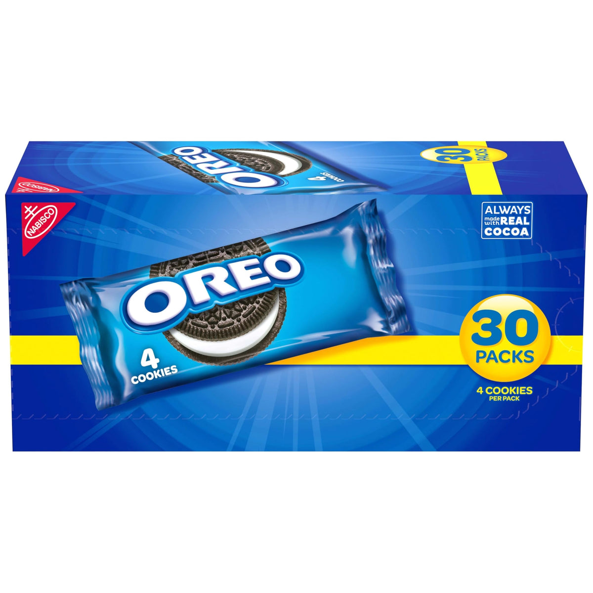 OREO chocolate sandwich cookies in 30-pack snack packs for quick, shareable on-the-go snacking.