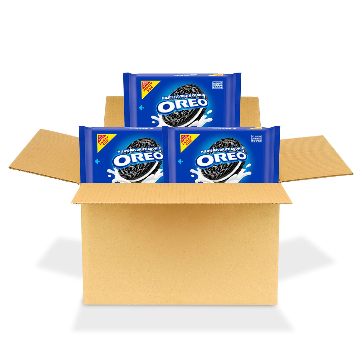 OREO chocolate sandwich cookies pack front shows a family-size box for sharing.
