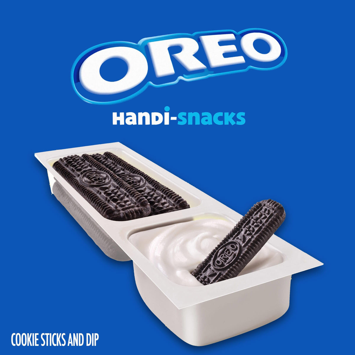 OREO Handi-Snacks sticks and creme dip shown side by side for dipping