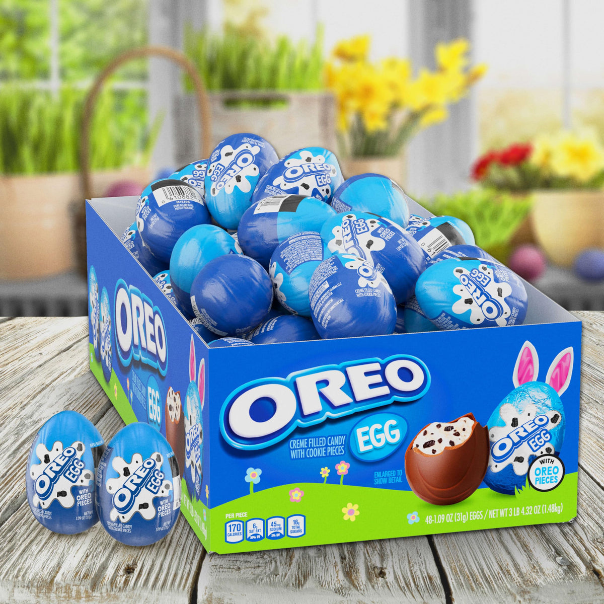 OREO Creme Filled Easter eggs chocolate shell detail highlighting glossy finish.