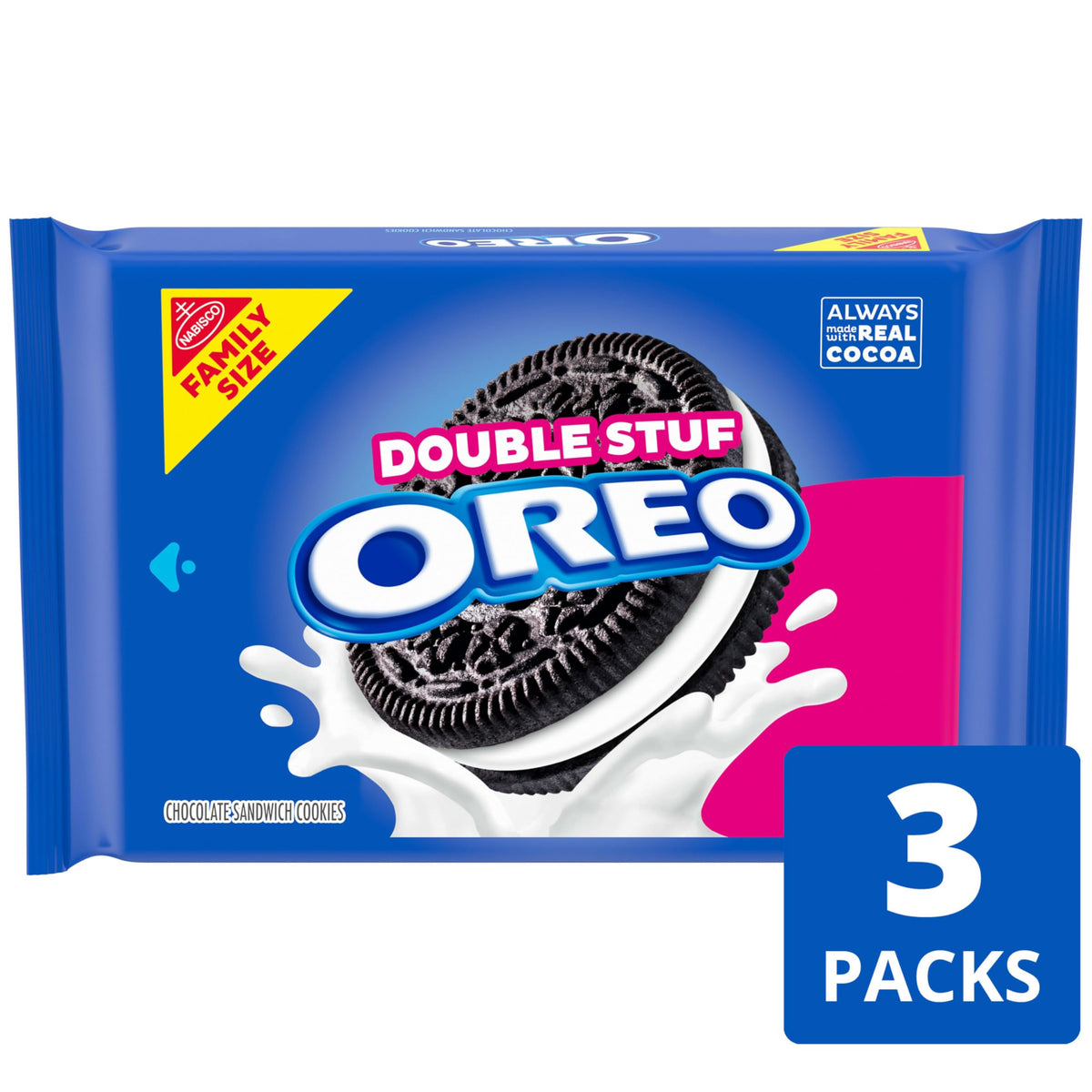 OREO Double Stuf cookies dunk-ready with a creamy center for easy snacks.