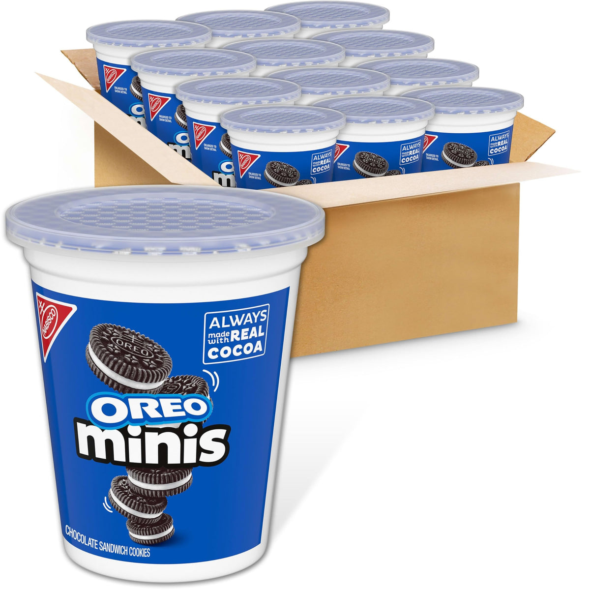 OREO Minis chocolate wafer close-up showing crisp cookies and creamy filling for on-the-go snacking.