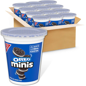 OREO Minis chocolate wafer close-up showing crisp cookies and creamy filling for on-the-go snacking.