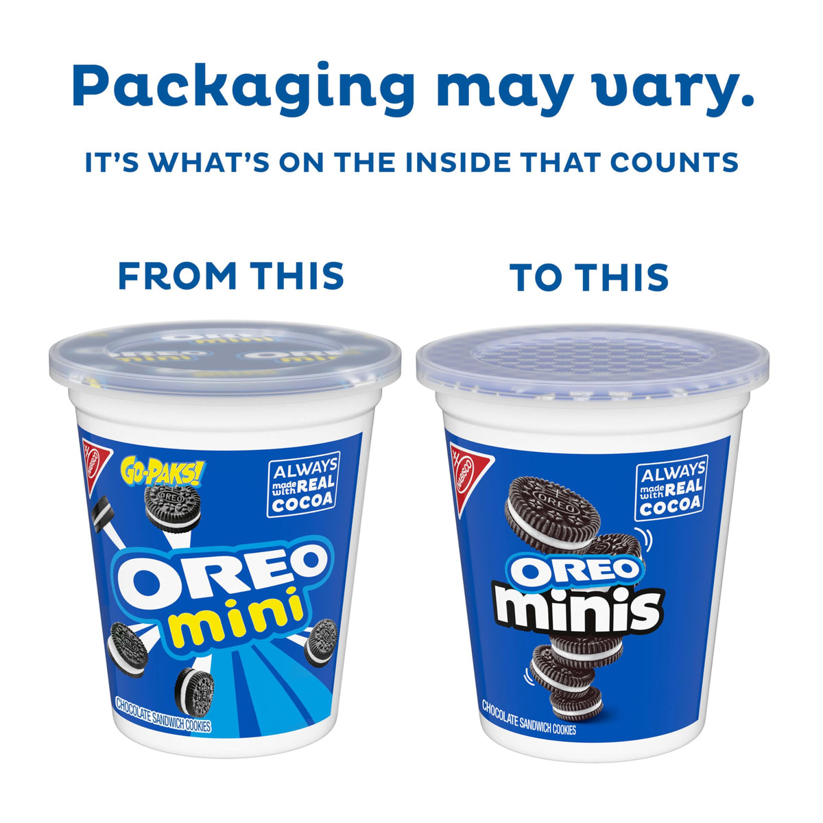 OREO Minis snack cups packaging with resealable lid keeps cookies fresh for lunches.